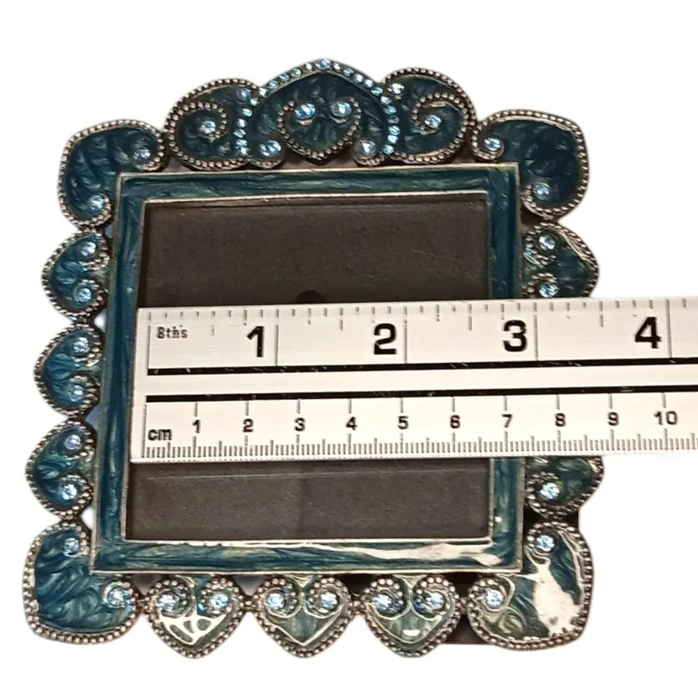 Blue & Green Enamel Swirl & Blue Rhinestones Square Miniature Photo Frame 4.5